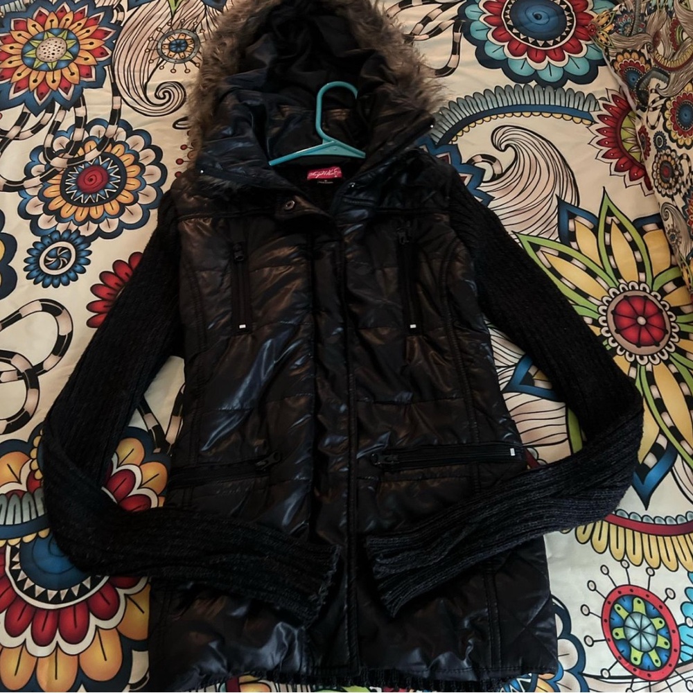 Say What? Black\brown puffer jacket with faux fur hood